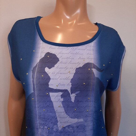 Disney Beauty And The Beast Studded Graphic Top Womens Size Medium Blue Tshirt - Picture 6 of 11